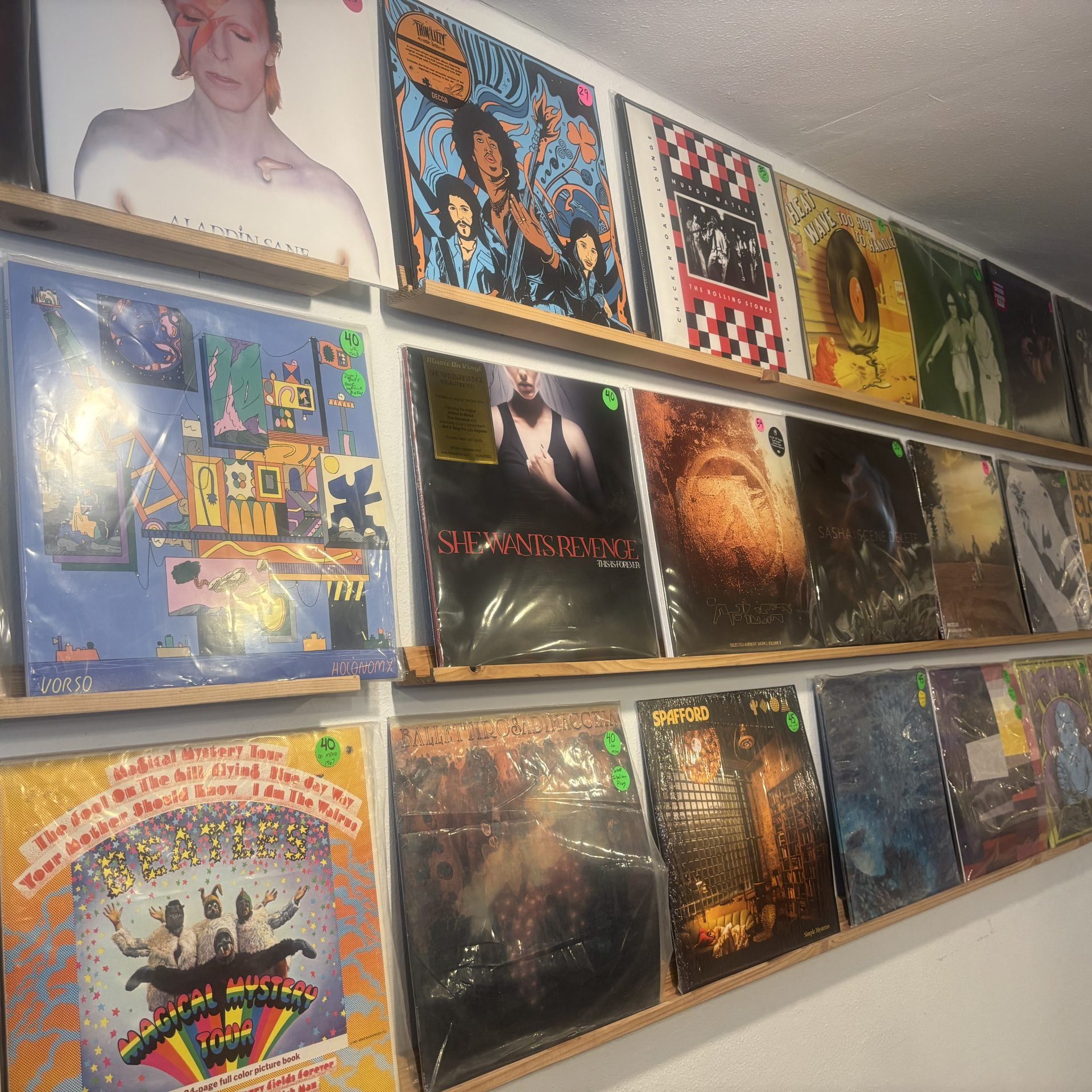 Wall of new and collectible vinyl records at Invincible Vinyl record store in Denver, featuring valuable and interesting LPs