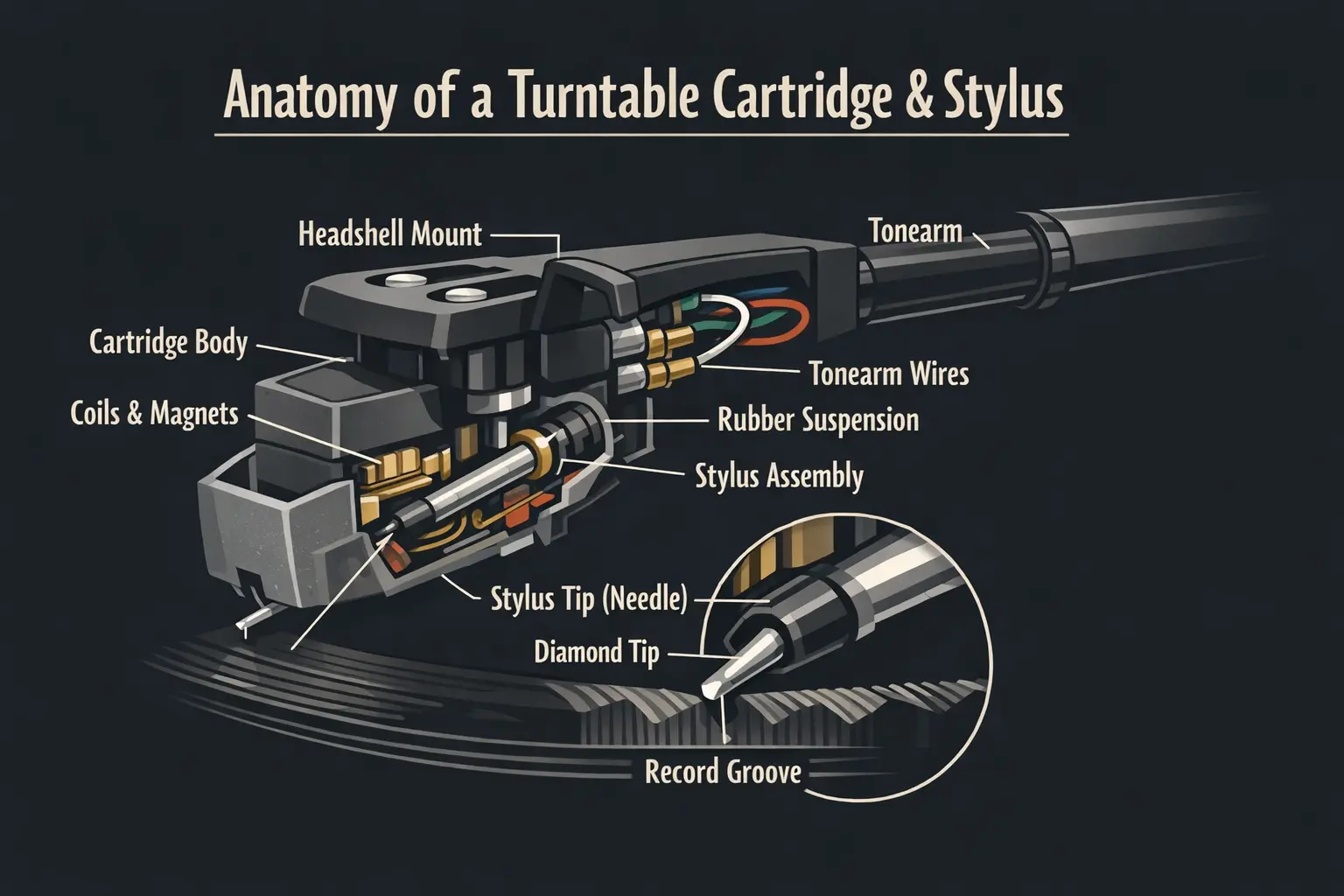 Diagram of a turntable stylus, cartridge, cantilever, suspension, and tonearm with labeled parts
